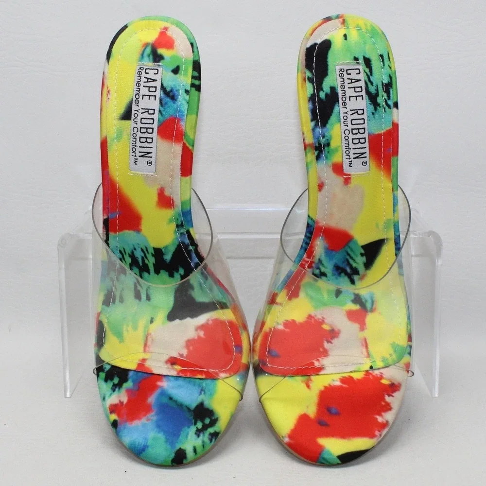 Cape Robbin Vikki Multi Color Abstract Print Clear Strap Heels Size‎ 8.5 XFE8689